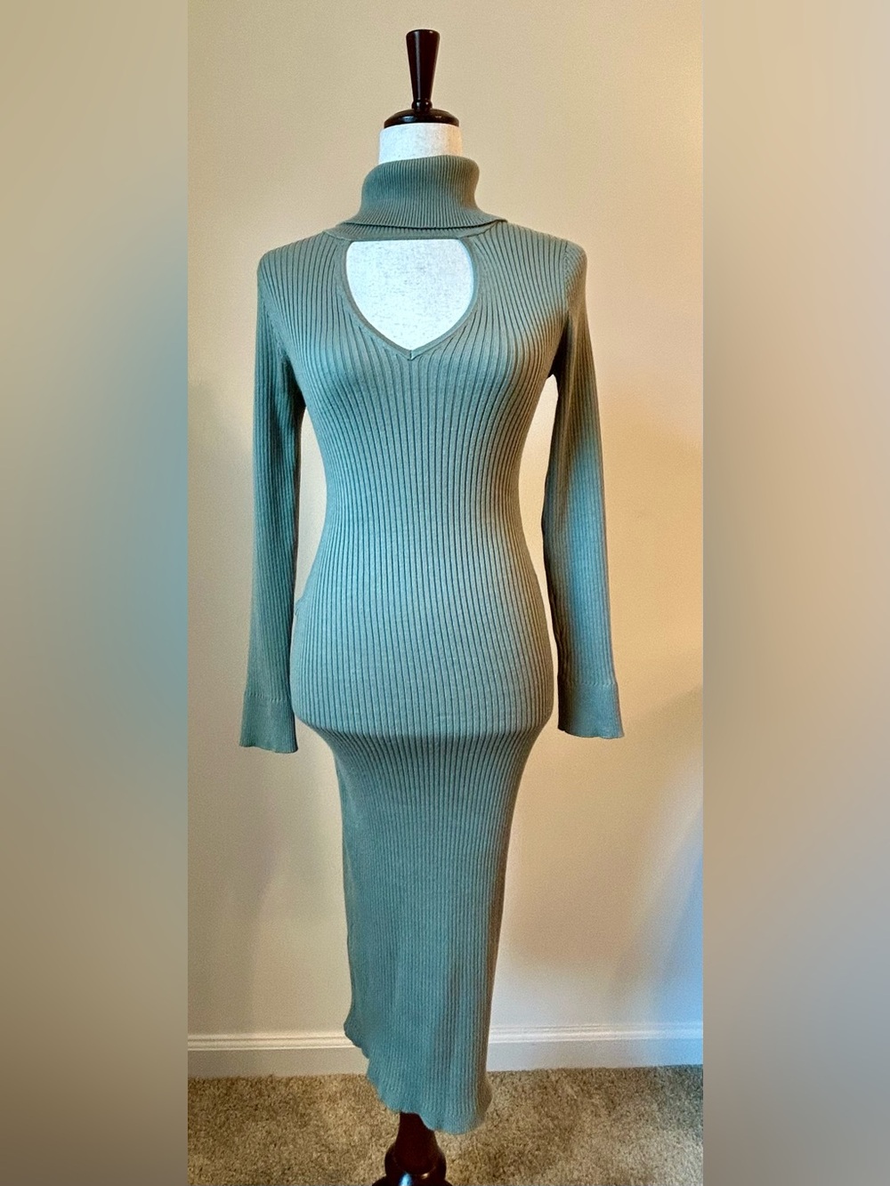 DKNY Green Ribbed Knit Cutout Maxi Dress XS NWT $99